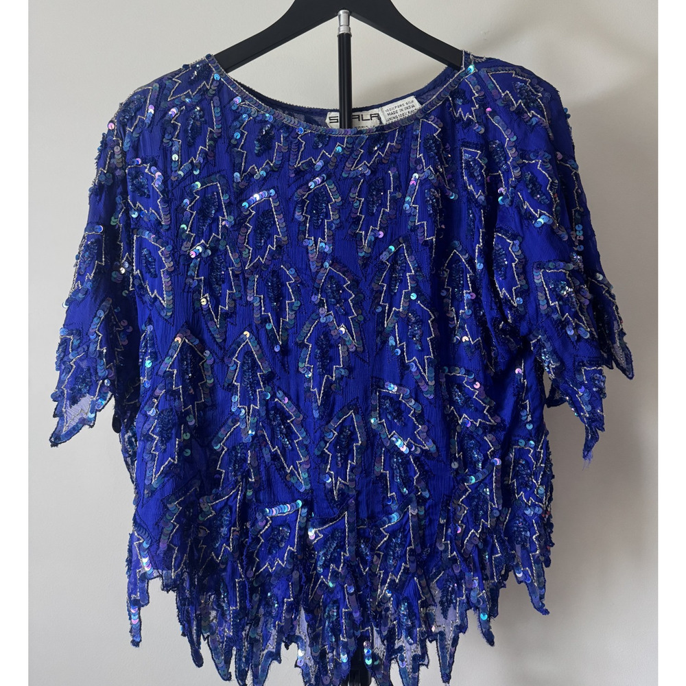 VTG Scala Silk Sequin Beaded Blouse Size S Royal Blue Art Deco Mermaid Top Glam